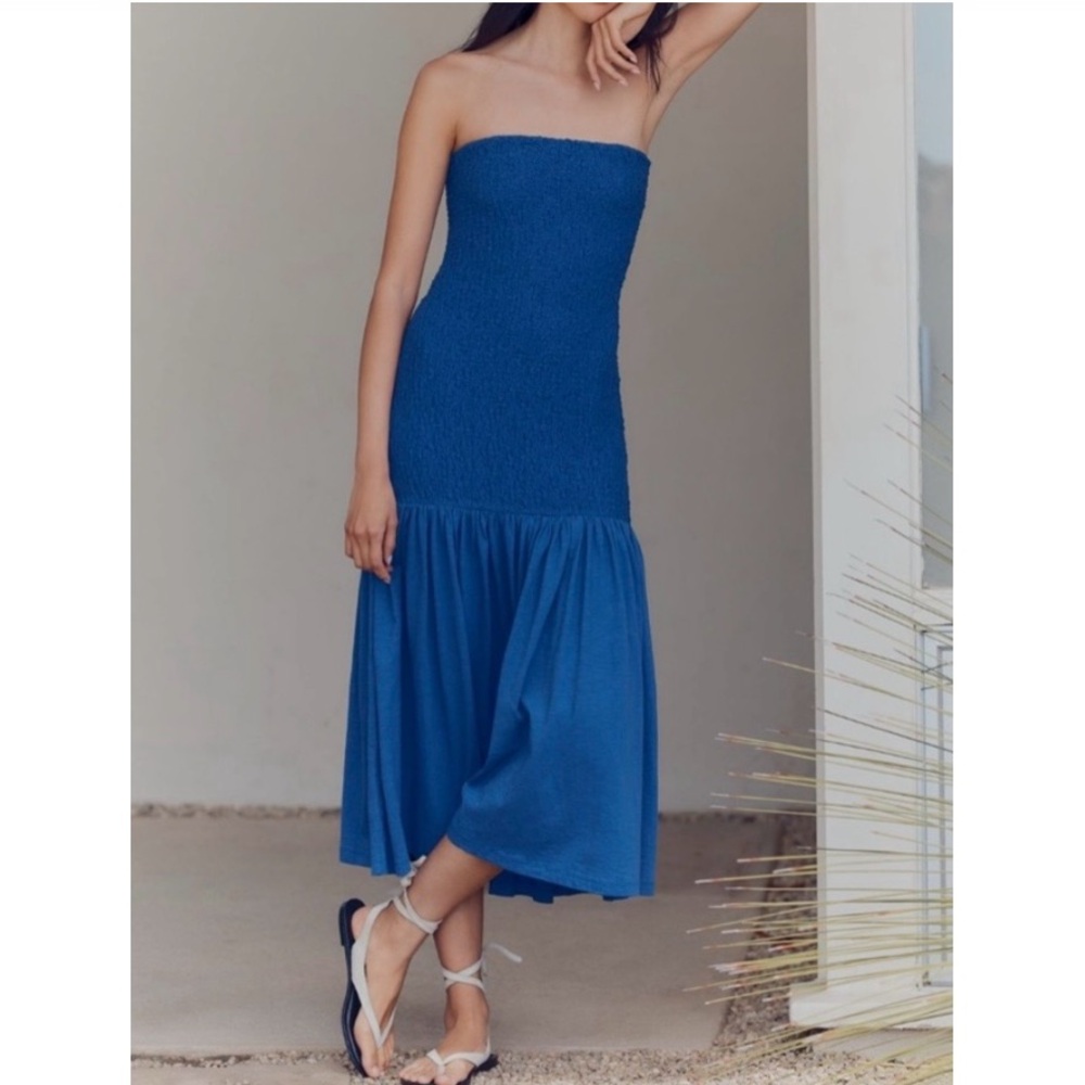 🟠NWT CELANDINE by ANTHROPOLOGIE Strapless Popcorn Midi Dress in Bright Cobalt
